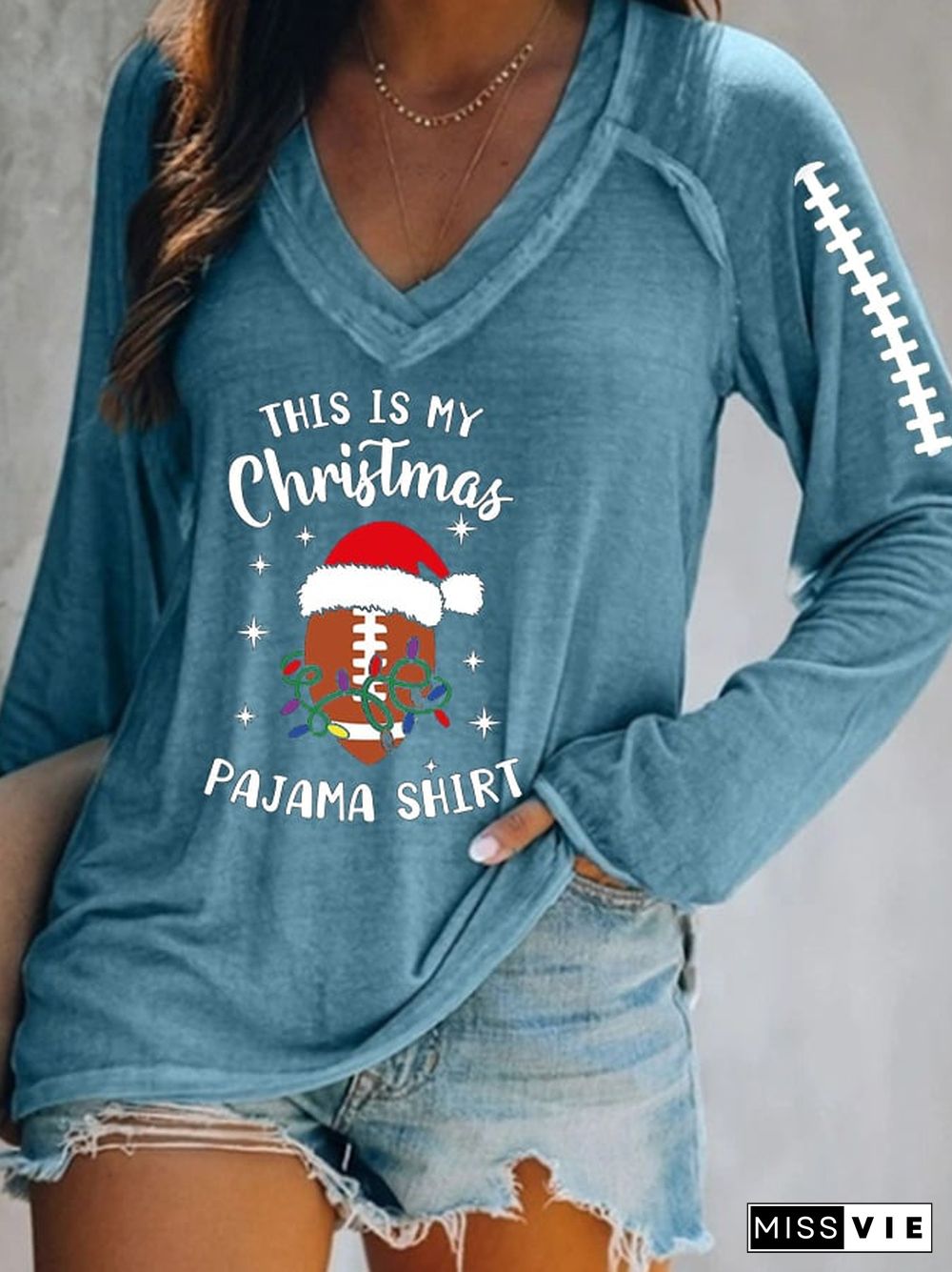 Women's Football Christmas This Is My Christmas Pajama Print V-Neck T-Shirt