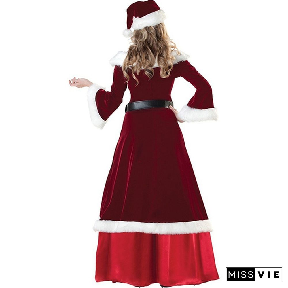 Christmas Cosplay Party Velvet Long Sleeve Robe Santa Claus Costumes for Adult Women/Men Luxury Christmas Princess Queen Party Long Dress