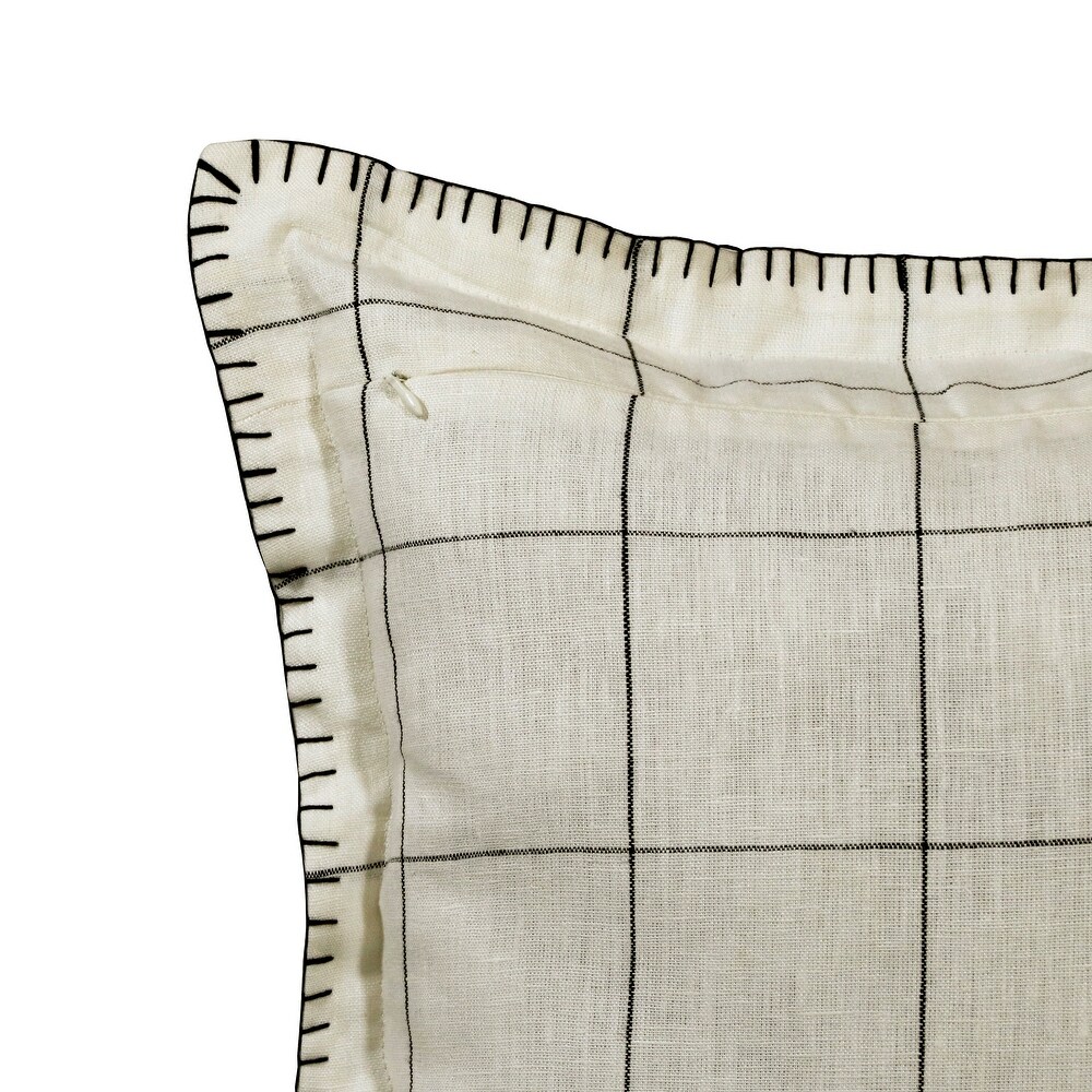 Sevita Hand Woven Ivory/Black Checkered Farmhouse Linen Throw Pillow  20\
