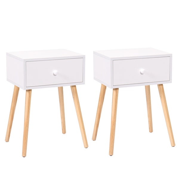 Modern Wood Nightstand /End Table with 1 Storage Drawer and 4 Solid Pinewood Legs，Set of 2