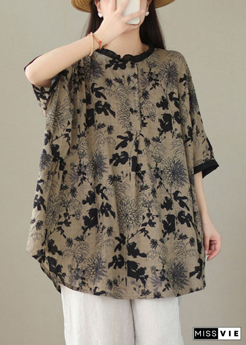 Plus Size Black O-Neck Print Top Half Sleeve