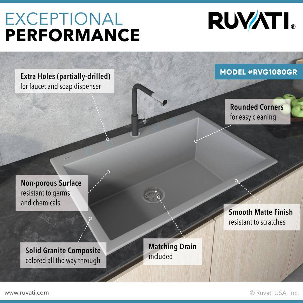 Ruvati epiGranite Silver Gray Granite Composite 30 in. x 20 in. Single Bowl Drop-In Kitchen Sink RVG1030GR