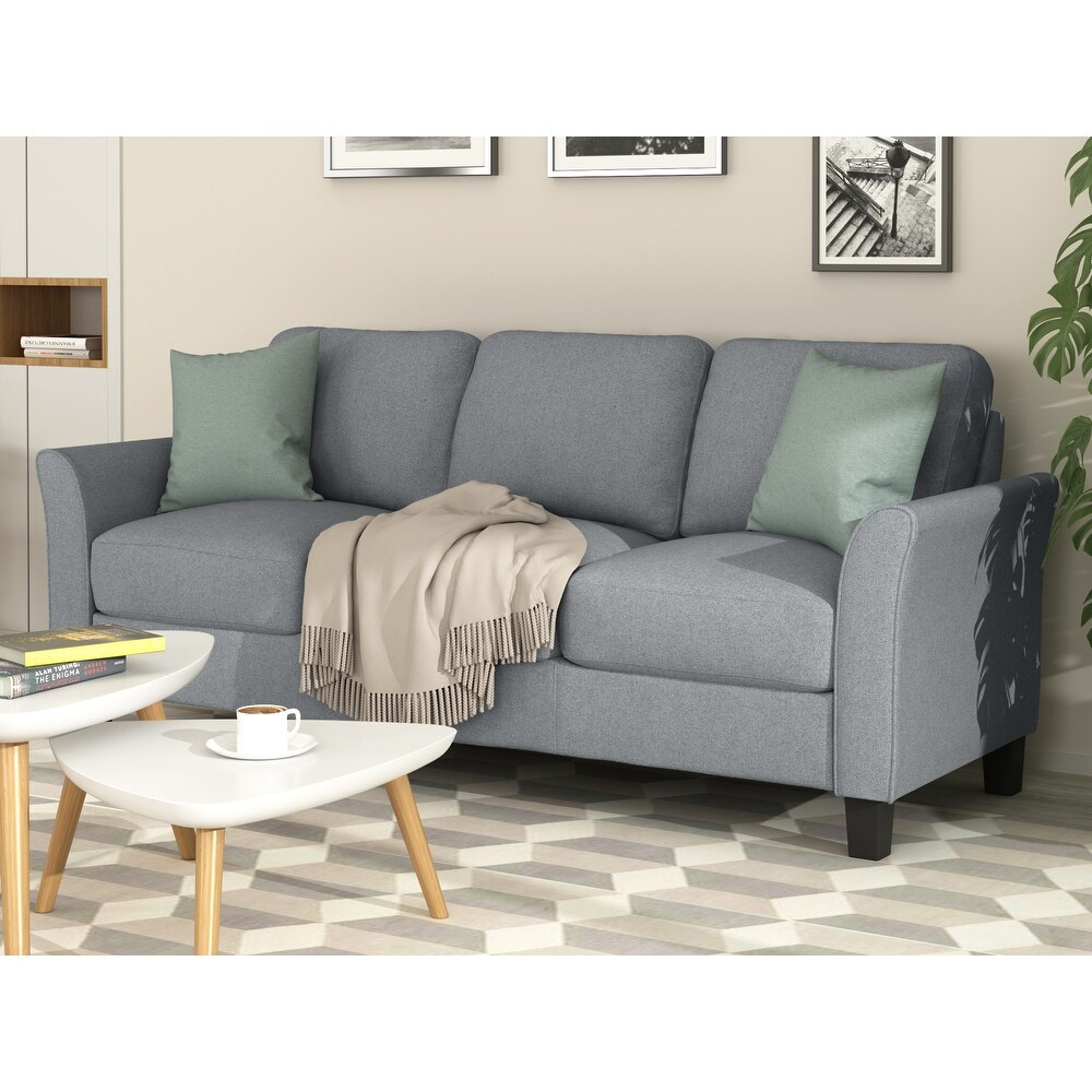 3 Seat Sofa Linen Fabric Upholstered Track Arms Couch with 2 Pillows and Hardwood Frame for Living Room  Need Simple Assembly