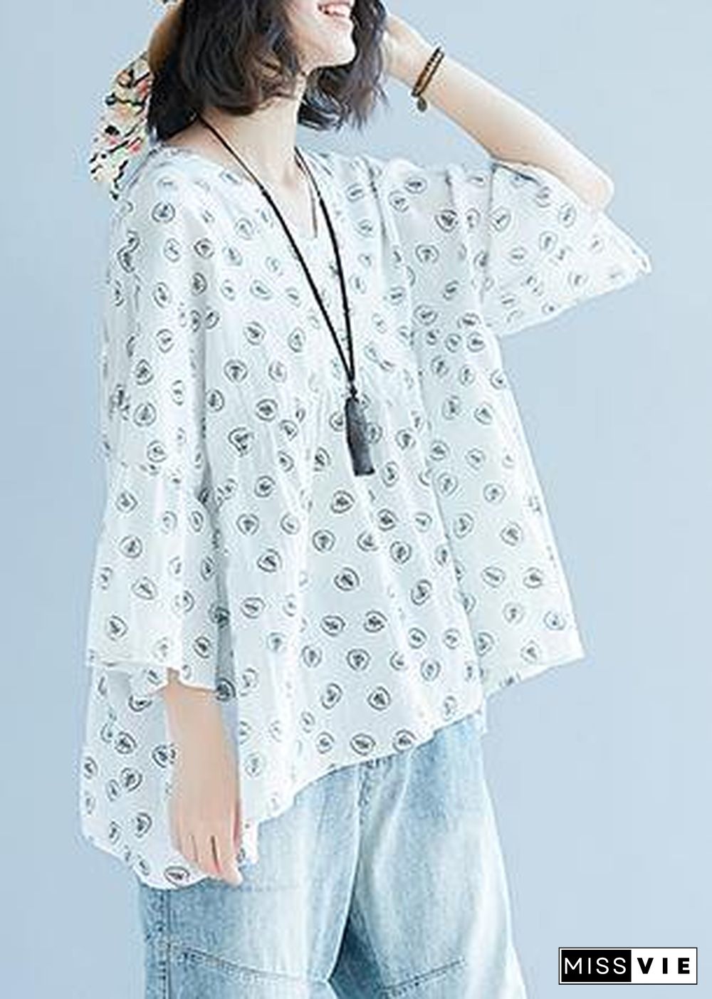 DIY White Print Chiffon Blouse Korea Batwing Sleeve V Neck Tunic Summer Shirt﻿