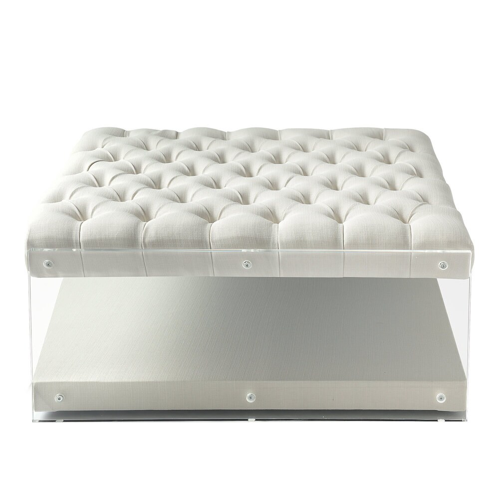 Sophia Contemporary Oversized Linen Clear Acrylic Sides Ottoman