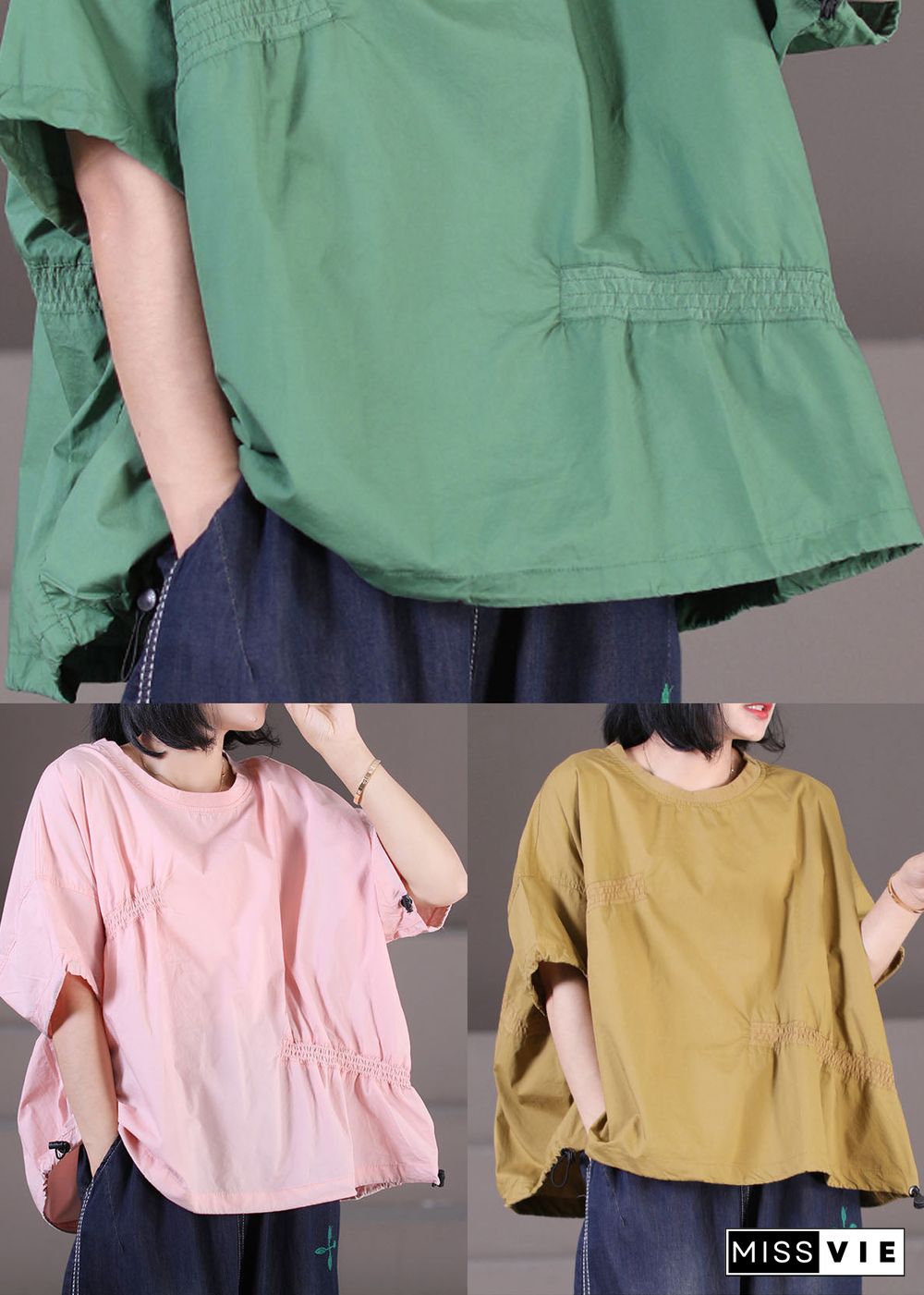 Plus Size Pink Wrinkled Drawstring Cotton Pullover Sweatshirt Top Summer