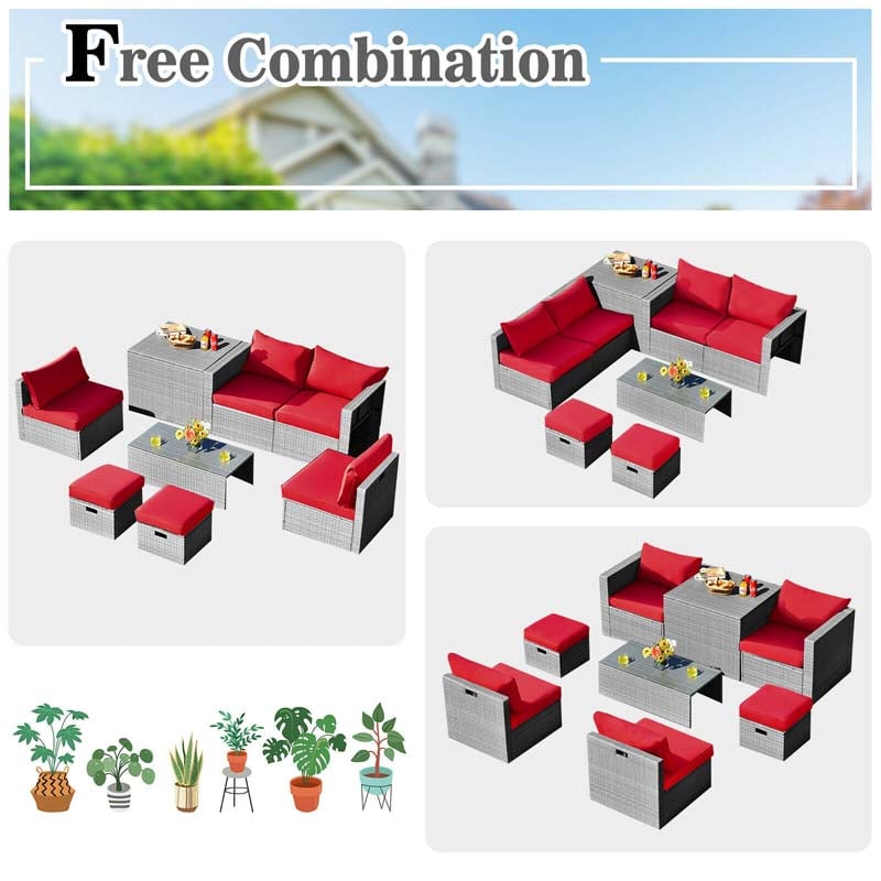 8 Pcs Rattan Patio Sectional Furniture Set Wicker Outdoor Cushioned Sofa Set with Storage Box & Waterproof Cover