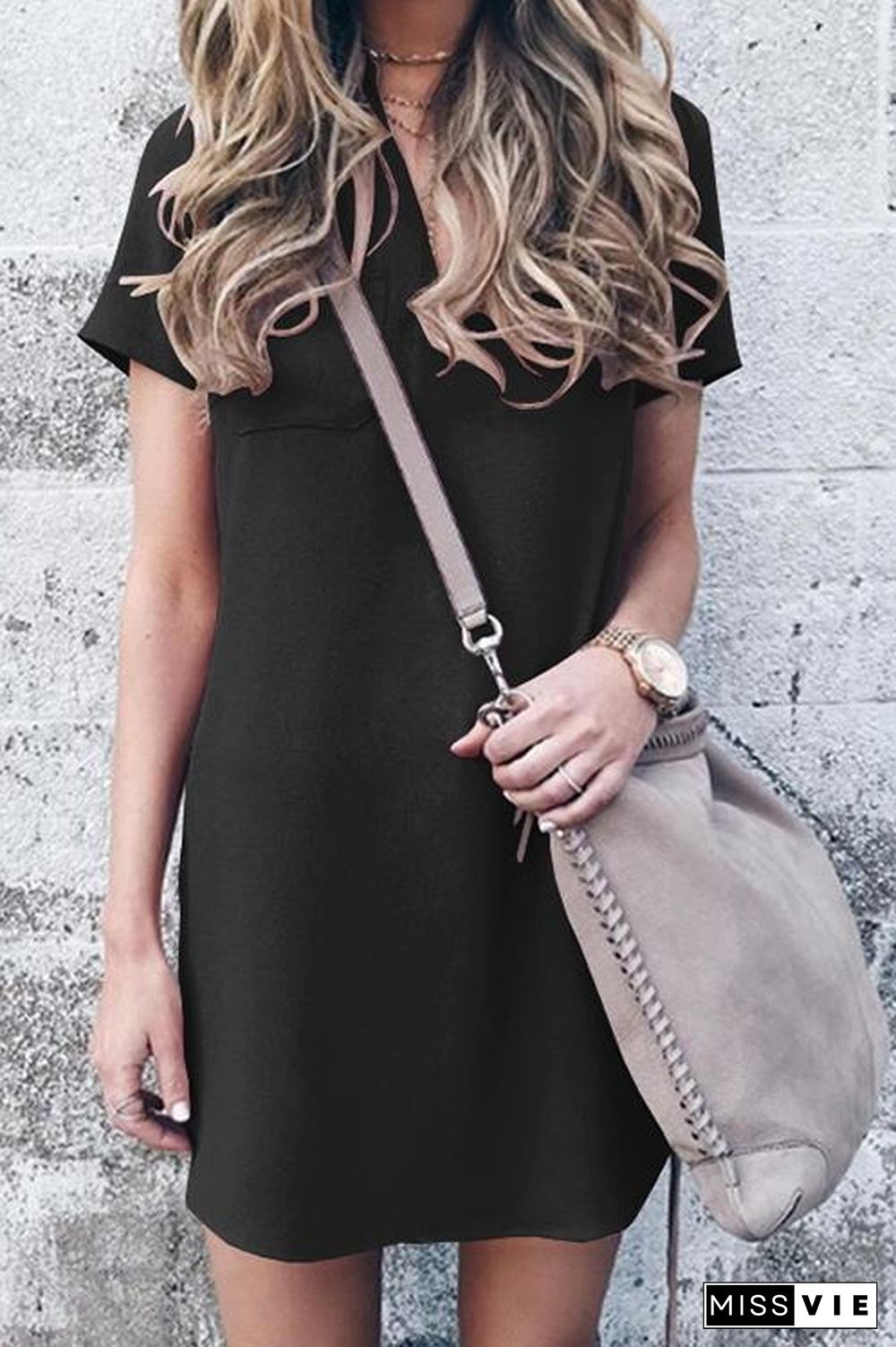 V-neck Solid Color Casual Dress