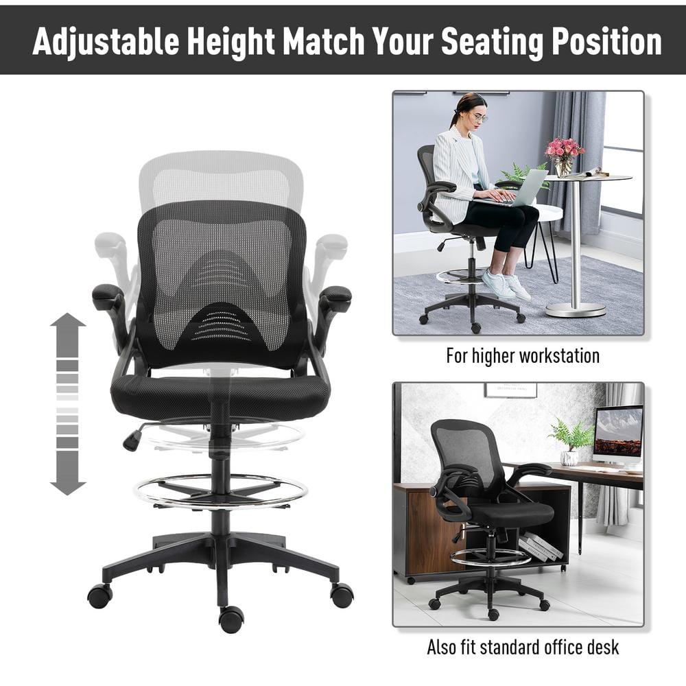 Vinsetto Black Drafting Office Chair with Lumbar Support, Flip-Up Armrests, Footrest Ring and Adjustable Seat Height 921-190