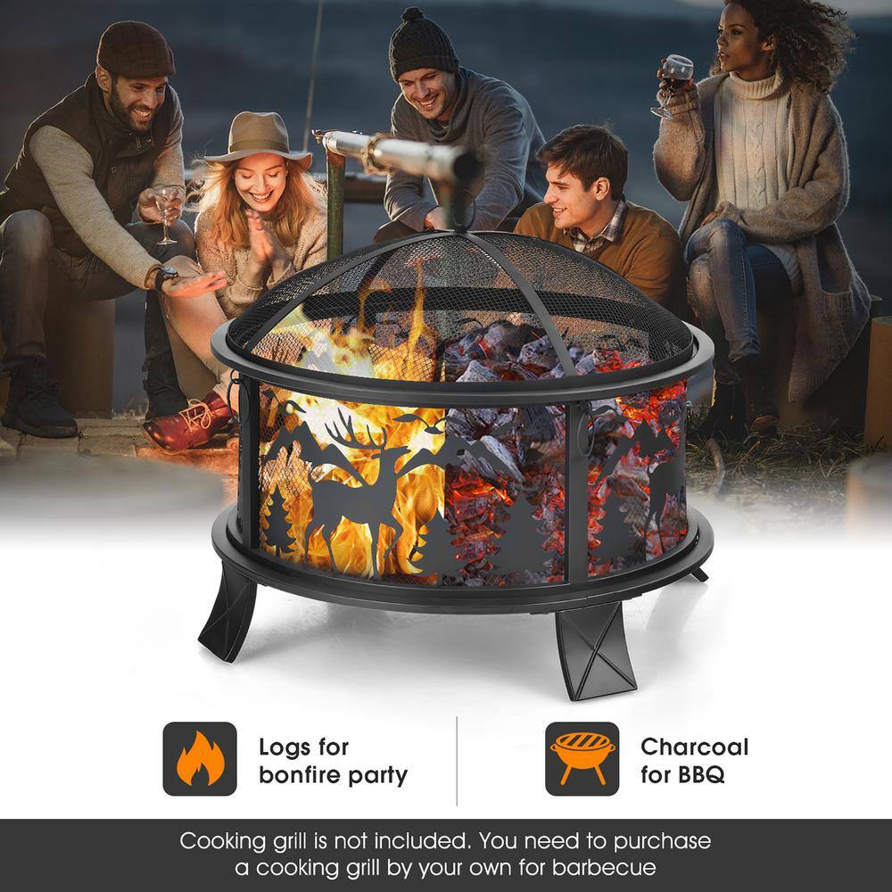 Costway 26 in. Outdoor Wood Burning Steel Fire Pit Firepit Bowl with Spark Screen Poker JV10211