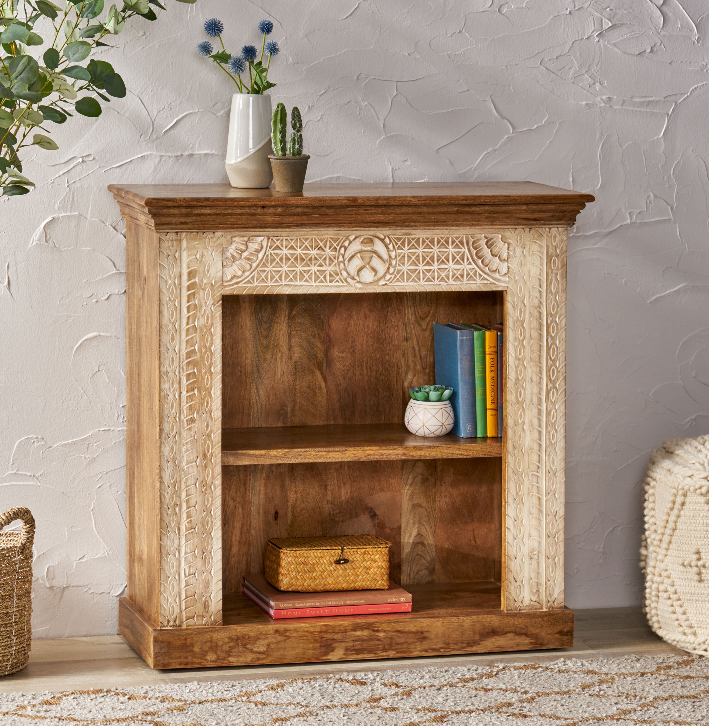 Toccoa Boho Handcrafted Mango Wood Bookcase, Walnut and Distressed White