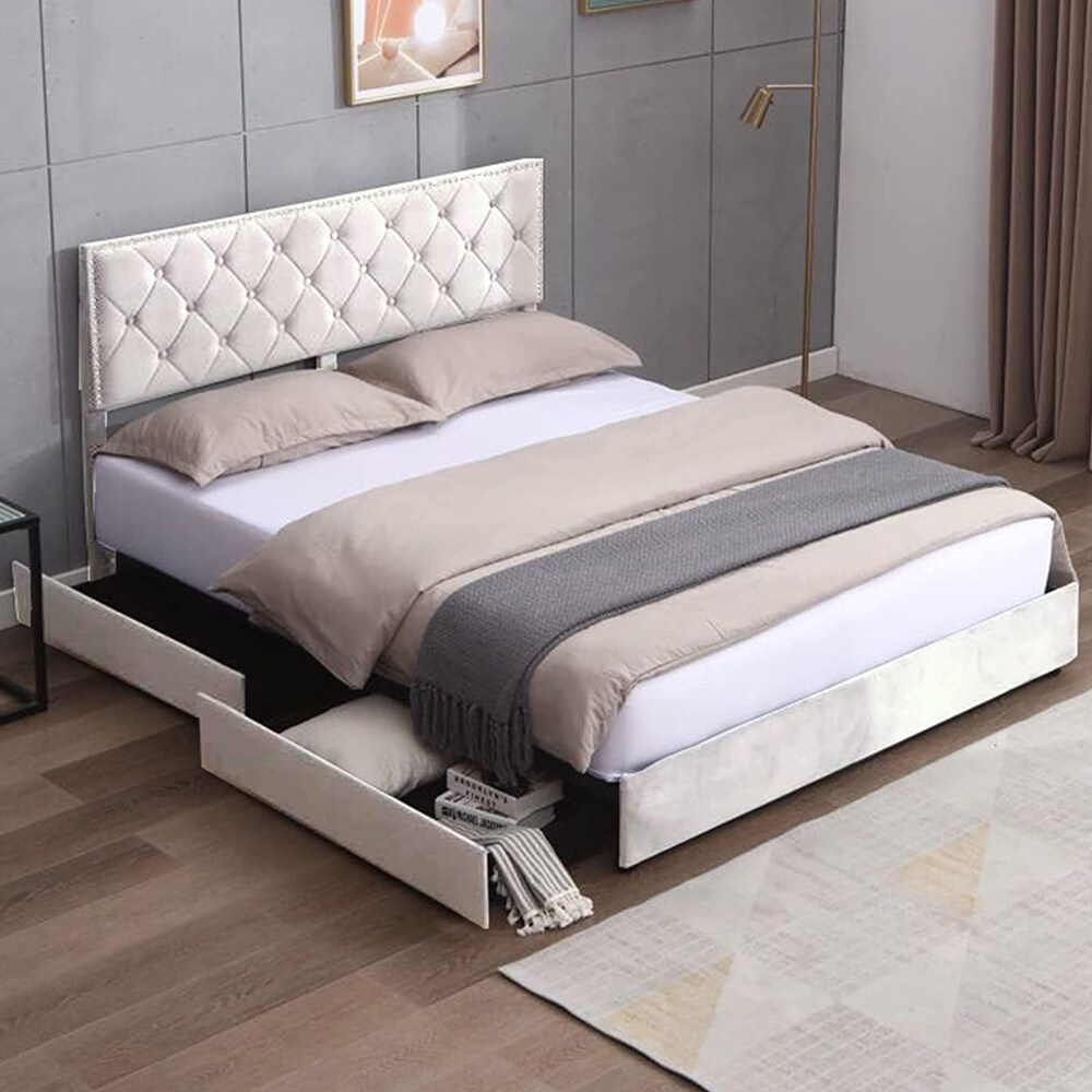 Mixoy Bed Frame with Drawers Velvet Upholstered Platform Bed Frame with Adjustable Headboard