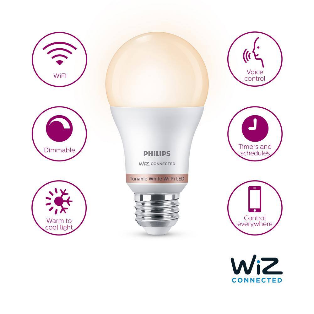 Philips 60-Watt Equivalent A19 LED Smart Wi-Fi Tunable White Smart Light Bulb powered by WiZ with Bluetooth (1-Pack) 562694