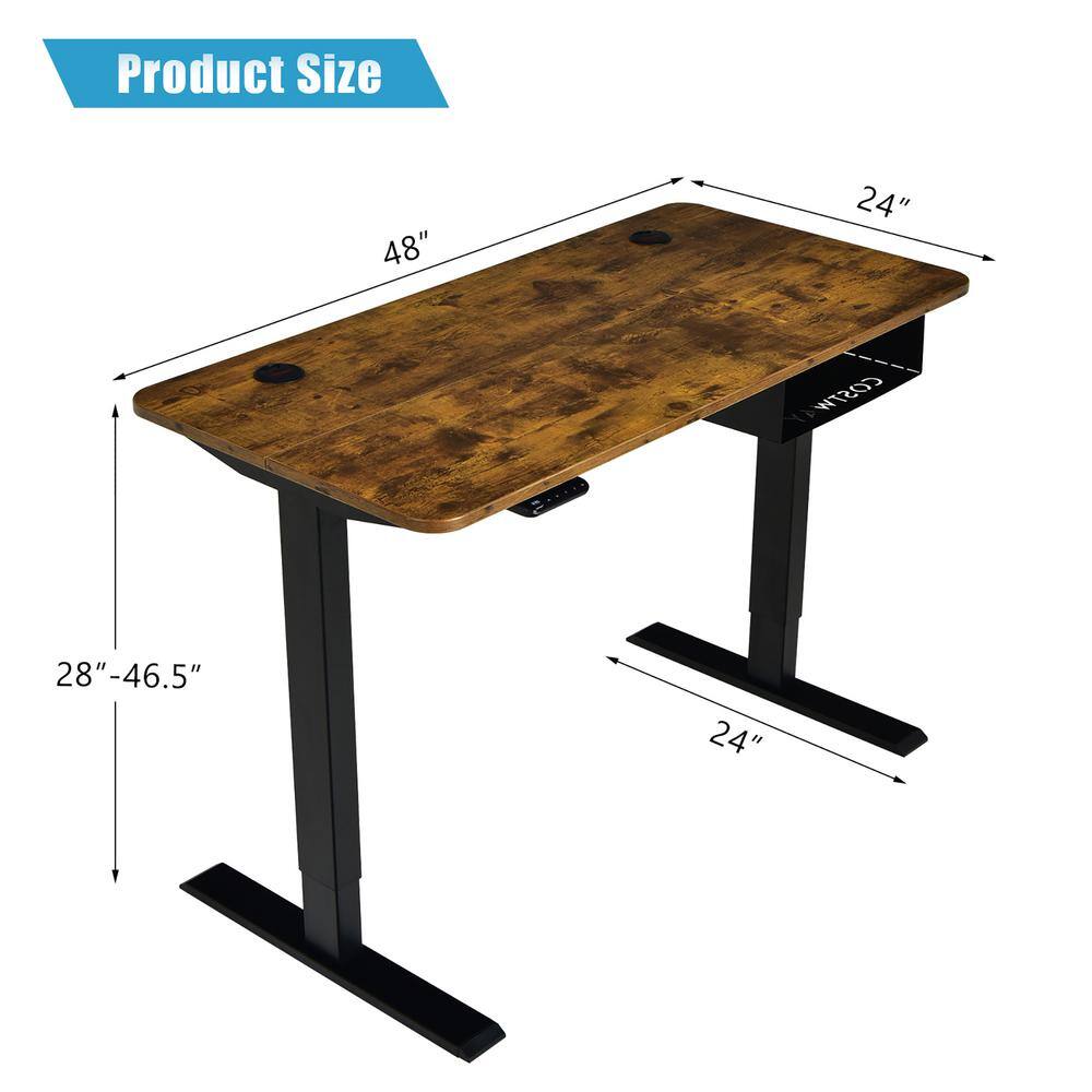 Costway 48 in. Rectangle Rustic Brown Wood Electric Standing Desk Height Adjustable wControl Panel and USB Port JV10210US-CF