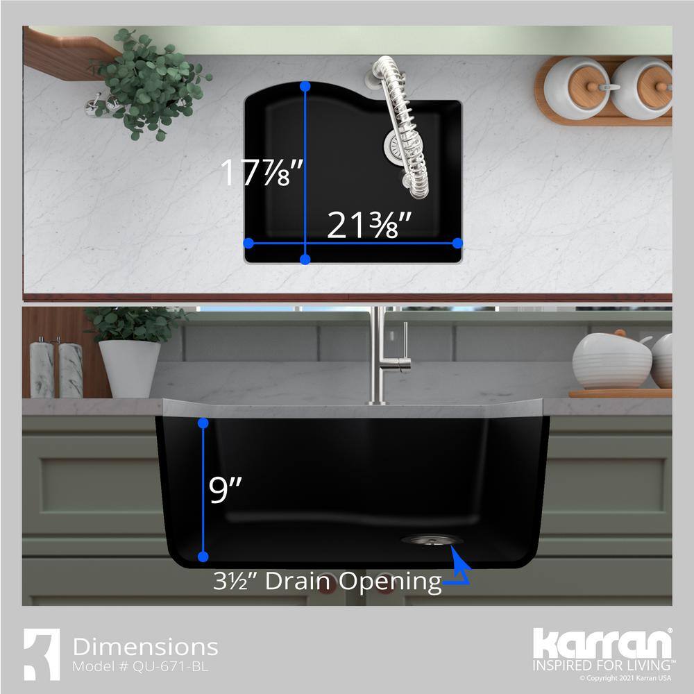 Karran QU-671 QuartzGranite 24 in. Single Bowl Undermount Kitchen Sink in Black with Bottom Grid and Strainer QU-671-BL-PK1