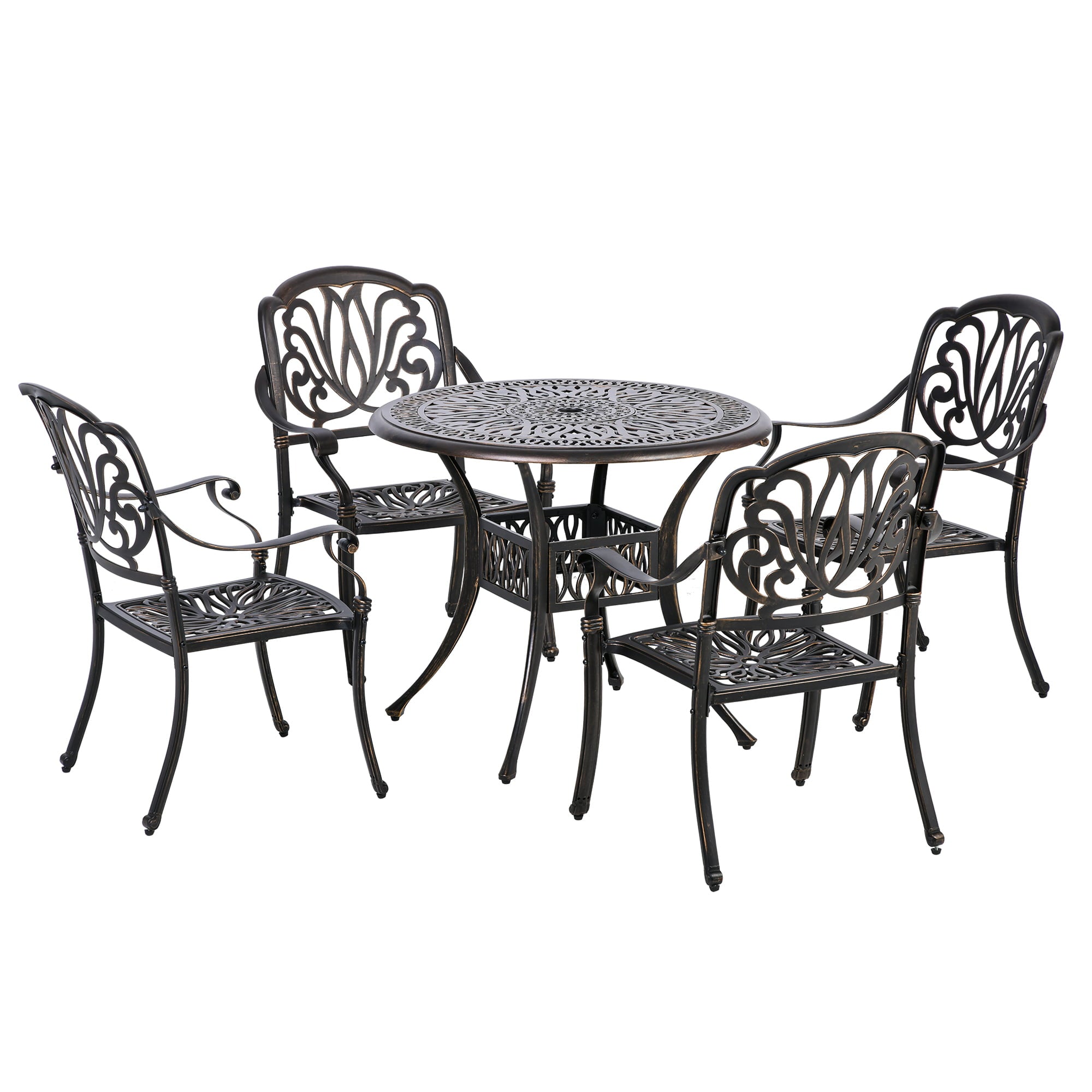 Outsunny Outdoor Furniture Cast Aluminum Dining Set for 4, Round Patio Table and Chairs with 2" Umbrella Hole, Stackable Design, Adjustable Feet for Balcony, Backyard, Deck, Garden, Bronze