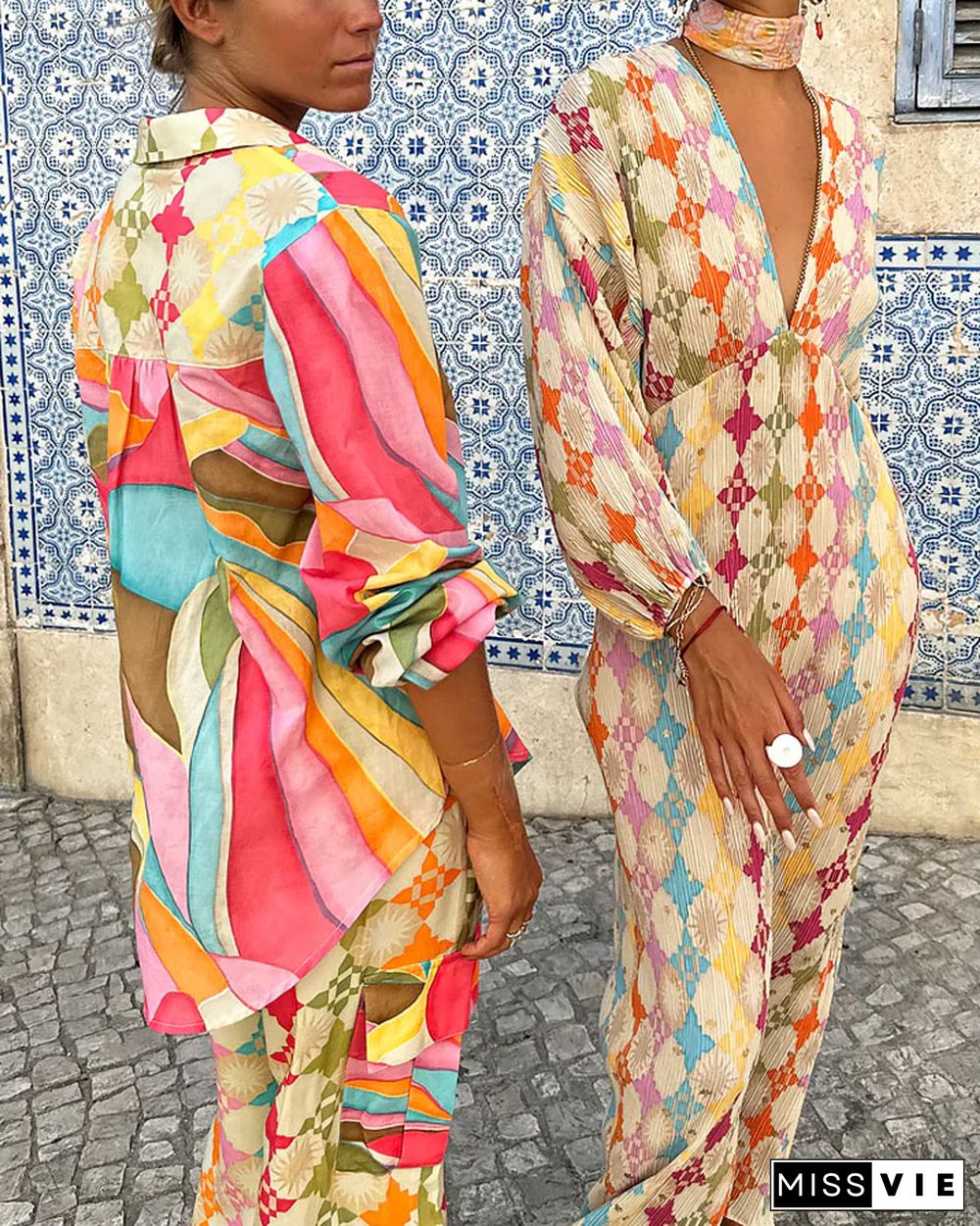 Fashion Colorful Graphic Print Shirt & Pants Two-piece Set