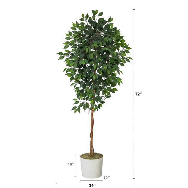 Nearly Natural 6-ft Ficus Artificial Tree In White Tin Planter