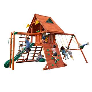 Gorilla Playsets Sun Palace II Wooden Outdoor Playset with Monkey Bars Wave Slide Rock Wall and Backyard Swing Set Accessories 01-0013