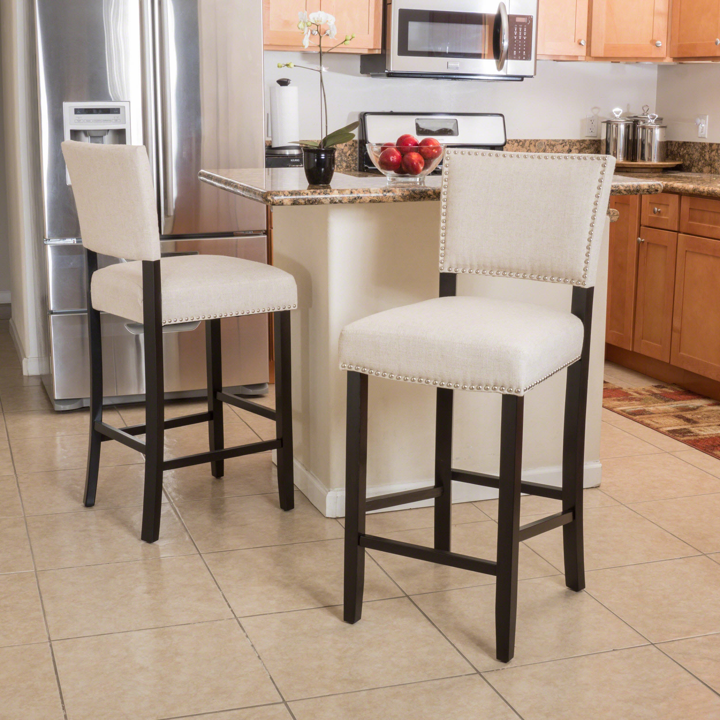 William Contemporary Linen Barstool (Set of 2)， Dark Beige and Wenge