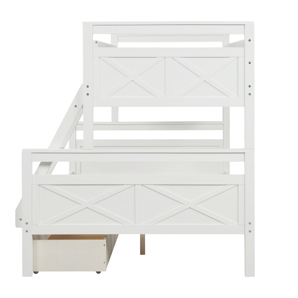 Twin Over Full Bunk Bed, Solid Wood Bed Frame with Two Storage Drawers, Ladder and Safety Guardrail for Kids Guest Room Bed (White)