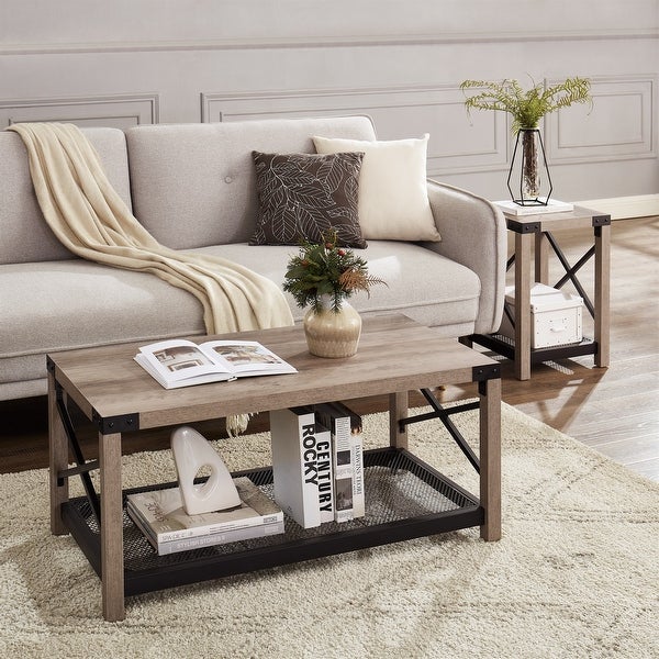 2-Tier Coffee Table Table with Mesh Shelf and Steel Frame