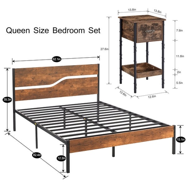 Taomika 3-pieces Bedroom Set with Platform Bed Frame and Nightstands Set of 2，Rustic Brown - - 36189199