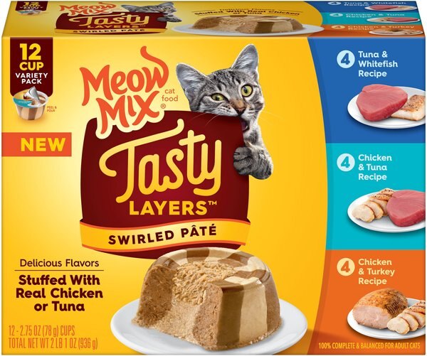 Meow Mix Tasty Layers Variety Pack Swirled Paté Cat Food， 2.75-oz can， case of 12