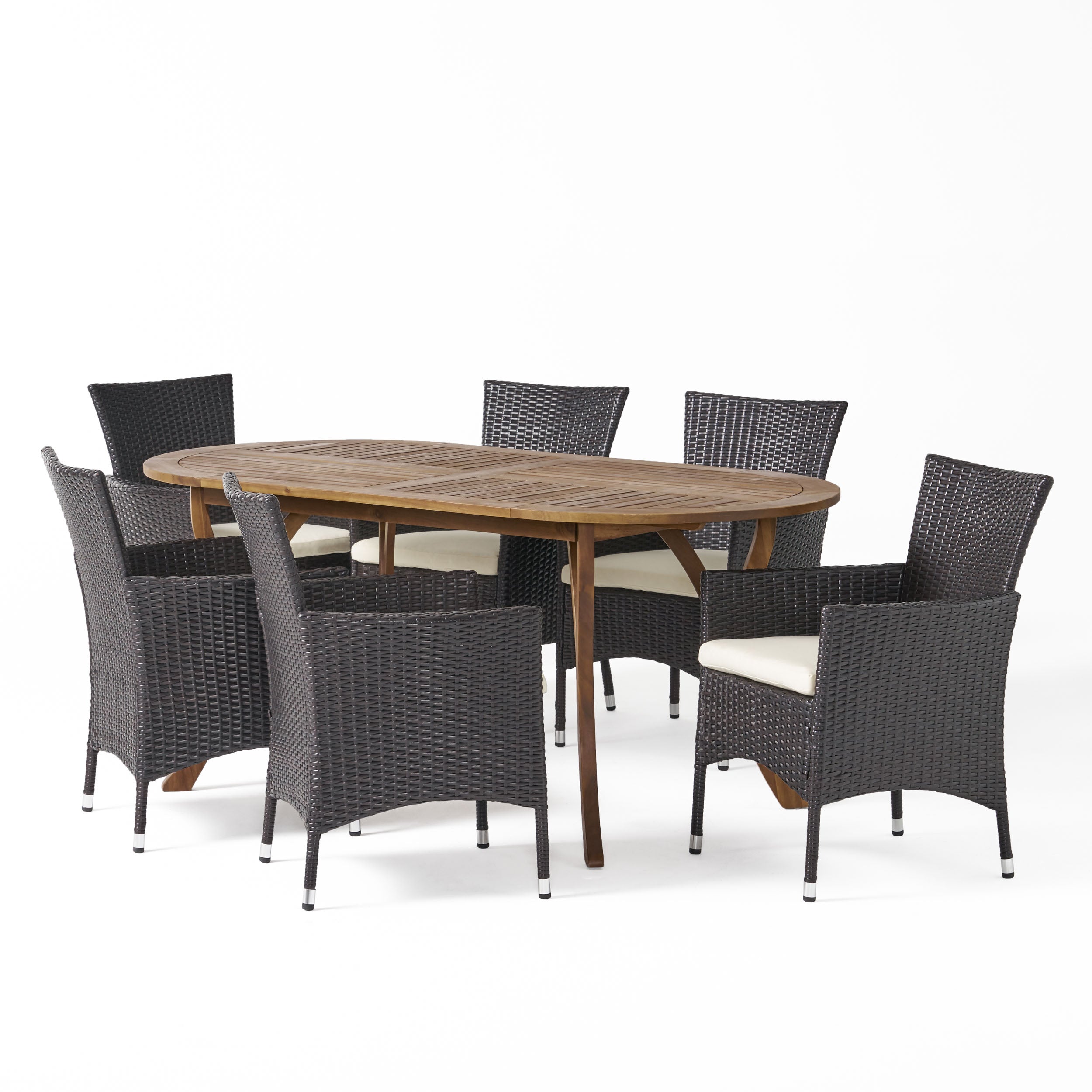 Edna Outdoor 7 Piece Acacia Wood and Wicker Dining Set, Teak with Multi Brown Chairs