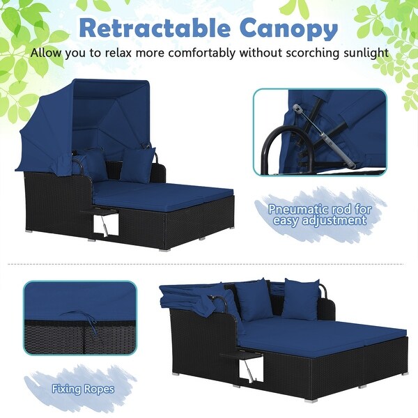 Costway Patio Rattan Daybed Lounge Retractable Top Canopy Side Tables