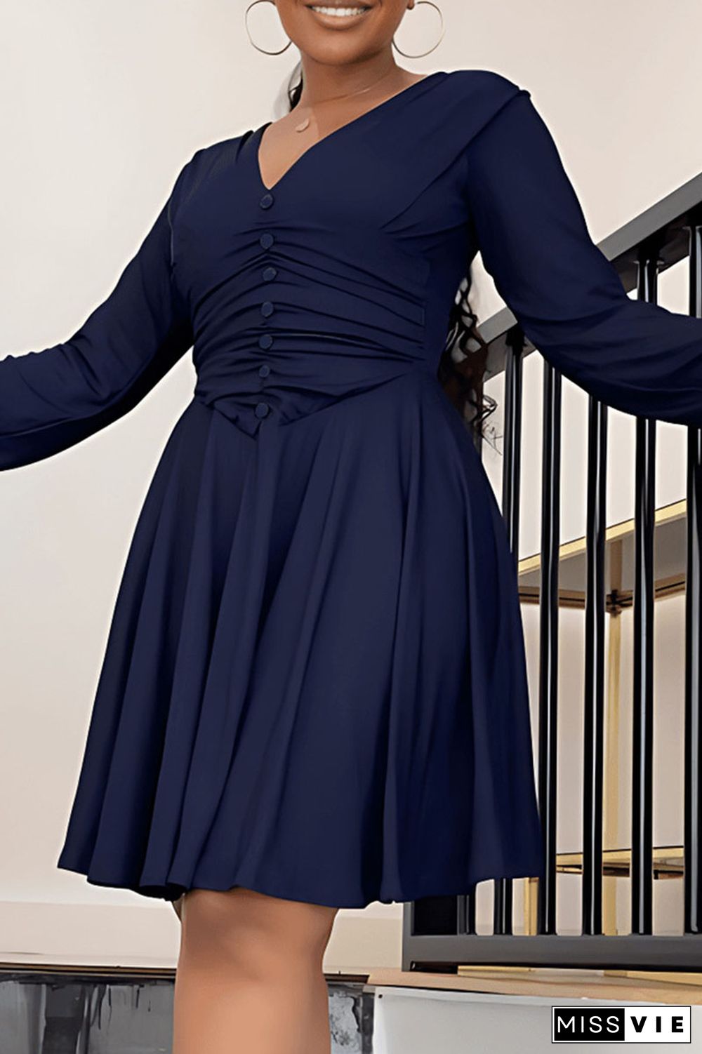 Blue Casual Solid Fold V Neck Long Sleeve Dresses