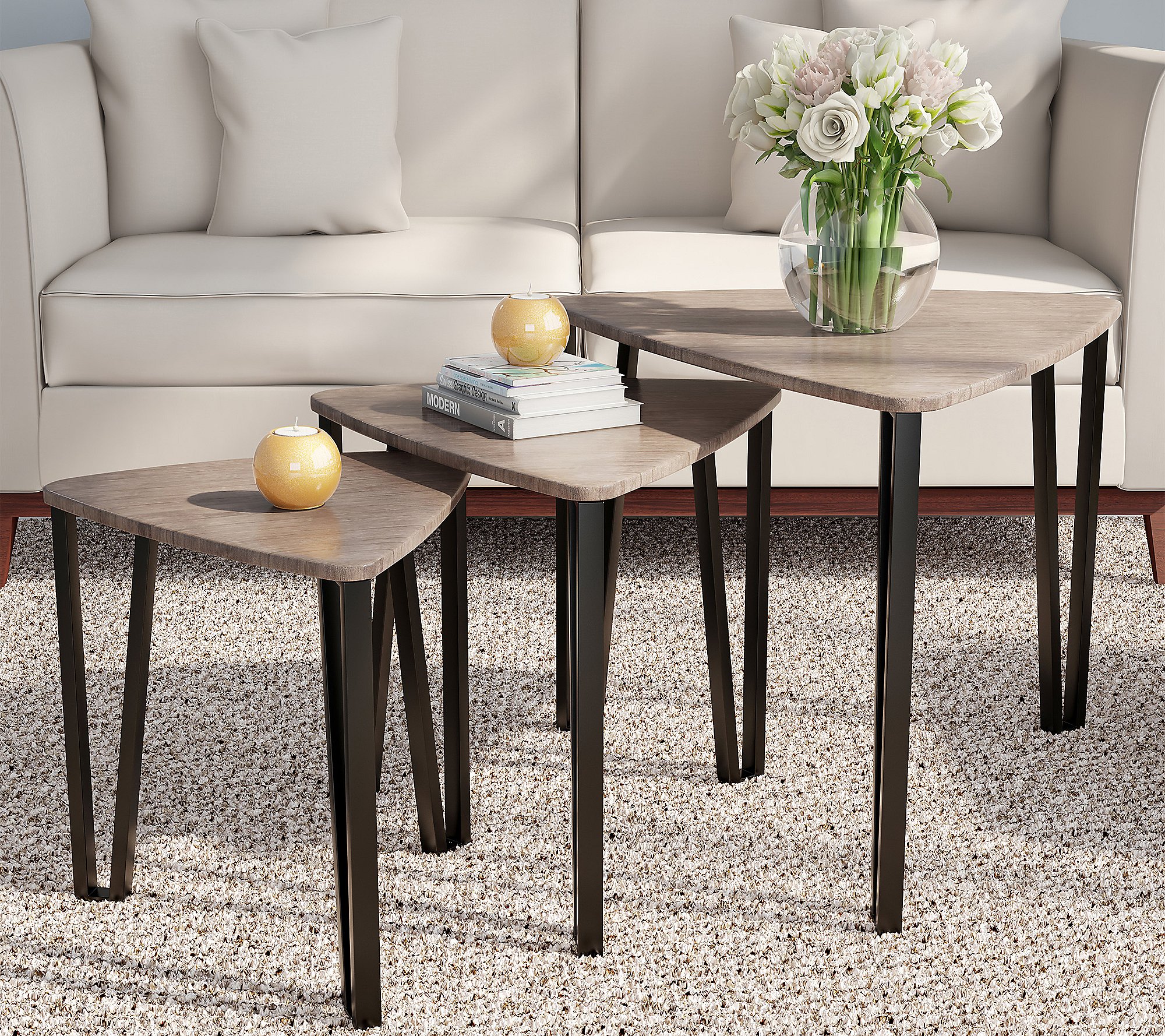 Lavish Home Nesting Tables-Set of 3， Modern Woodgrain Look