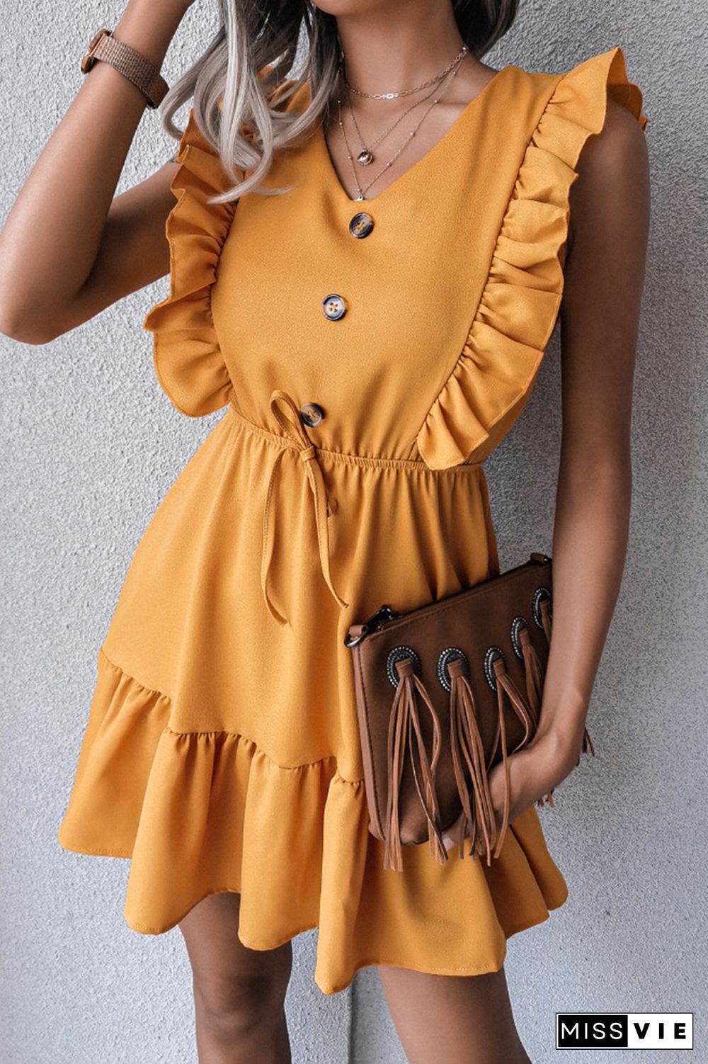 Casual Elegant Solid Buckle Flounce V Neck Waist Skirt Dresses