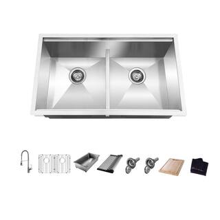 Glacier Bay AIO Zero Radius Undermount 18G Stainless Steel 33 in. 5050 Double Bowl Workstation Kitchen Sink with Spring Neck Faucet 4306F-2