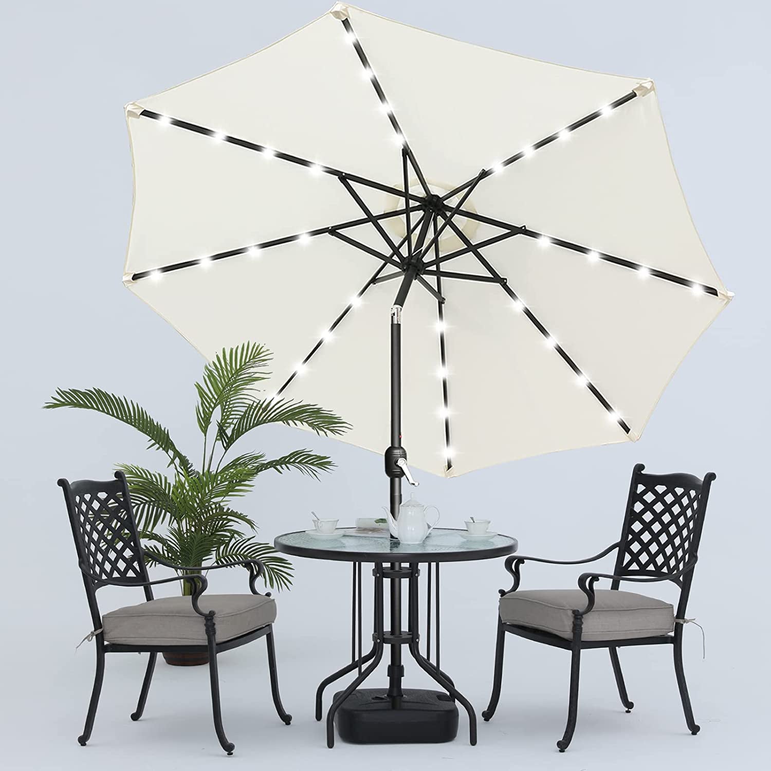 SUGIFT 10ft Solar Umbrella 32 LED Lighted Market Patio Umbrella, Cream