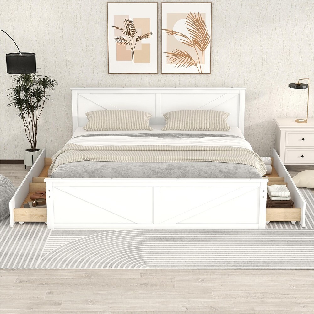 King Wooden Platform Bed with 4 Storage Drawers   Support Legs  White