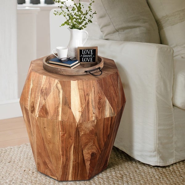 Bon 22 Inch Artisanal End Side Table， Multifaceted Solid Acacia Wood， Octagon Top， Natural Brown