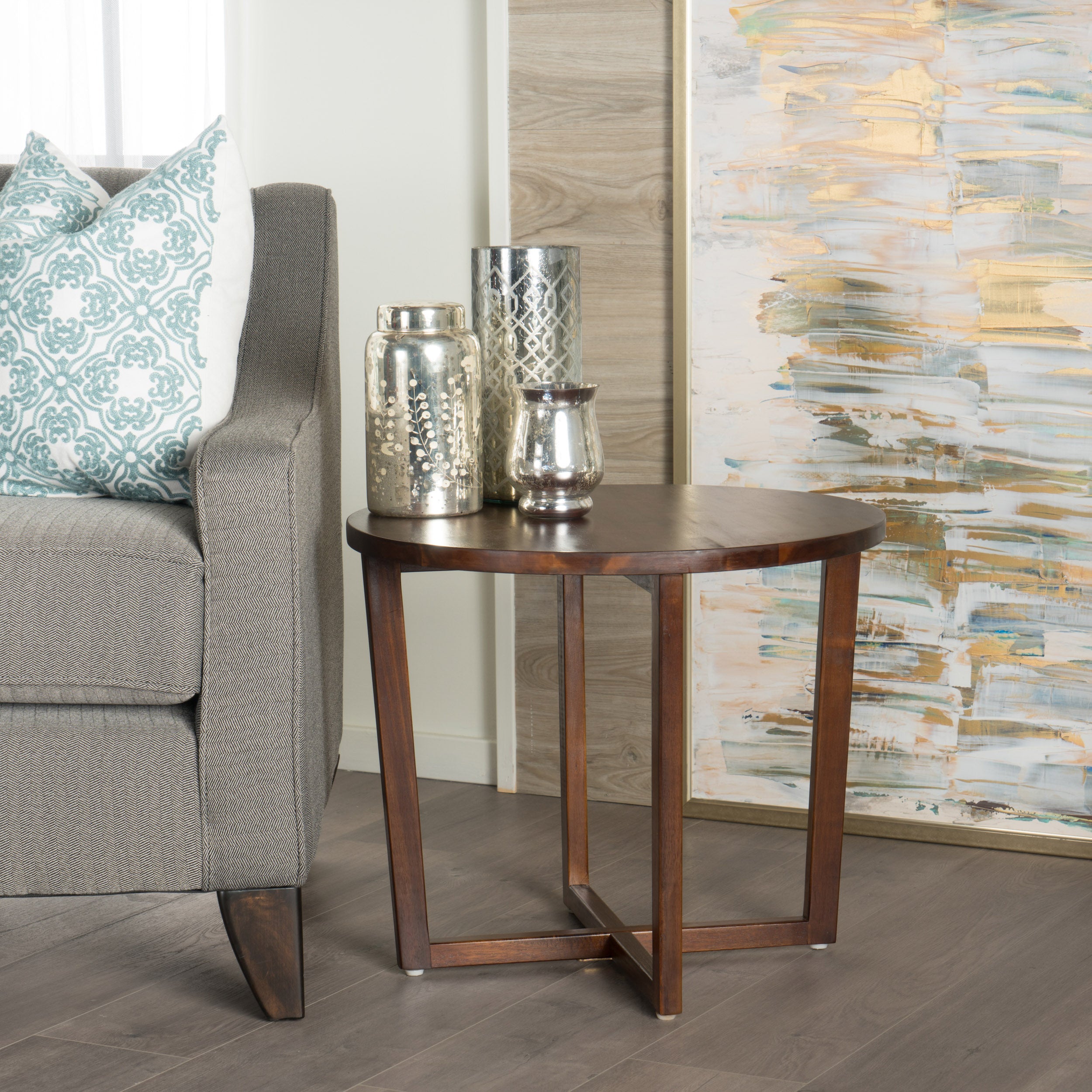 Tanzania Rustic Round Mahogany Acacia Wood End Table with Criss Cross Legs