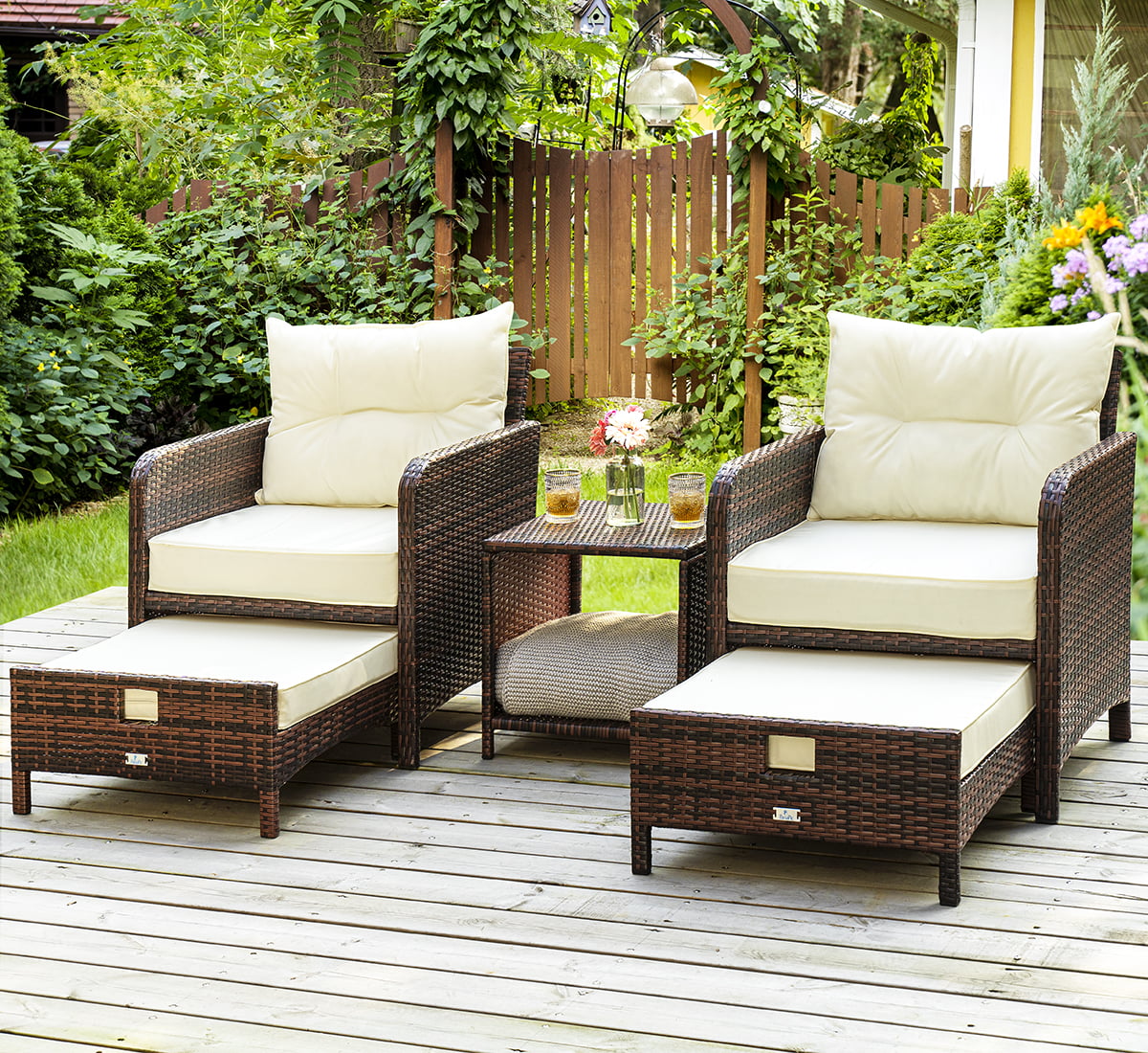 PAMAPIC 5 Pieces Wicker Patio Furniture Set Outdoor Patio Chairs with Ottomans (Beige)