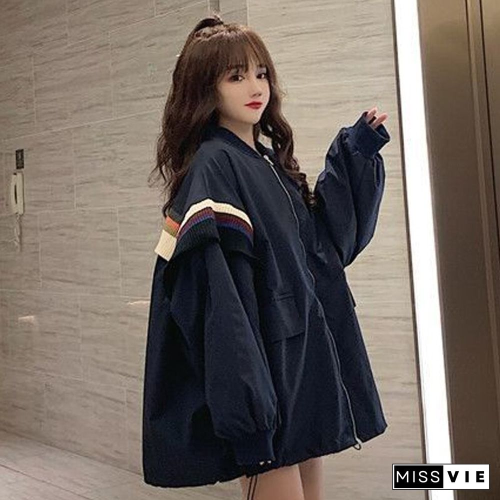 Autumn Vintage Basic Patchwork Blue Jackets Women Zipper Loose Streetwear Student Coats Retro Lady Chic Korean Outwear New