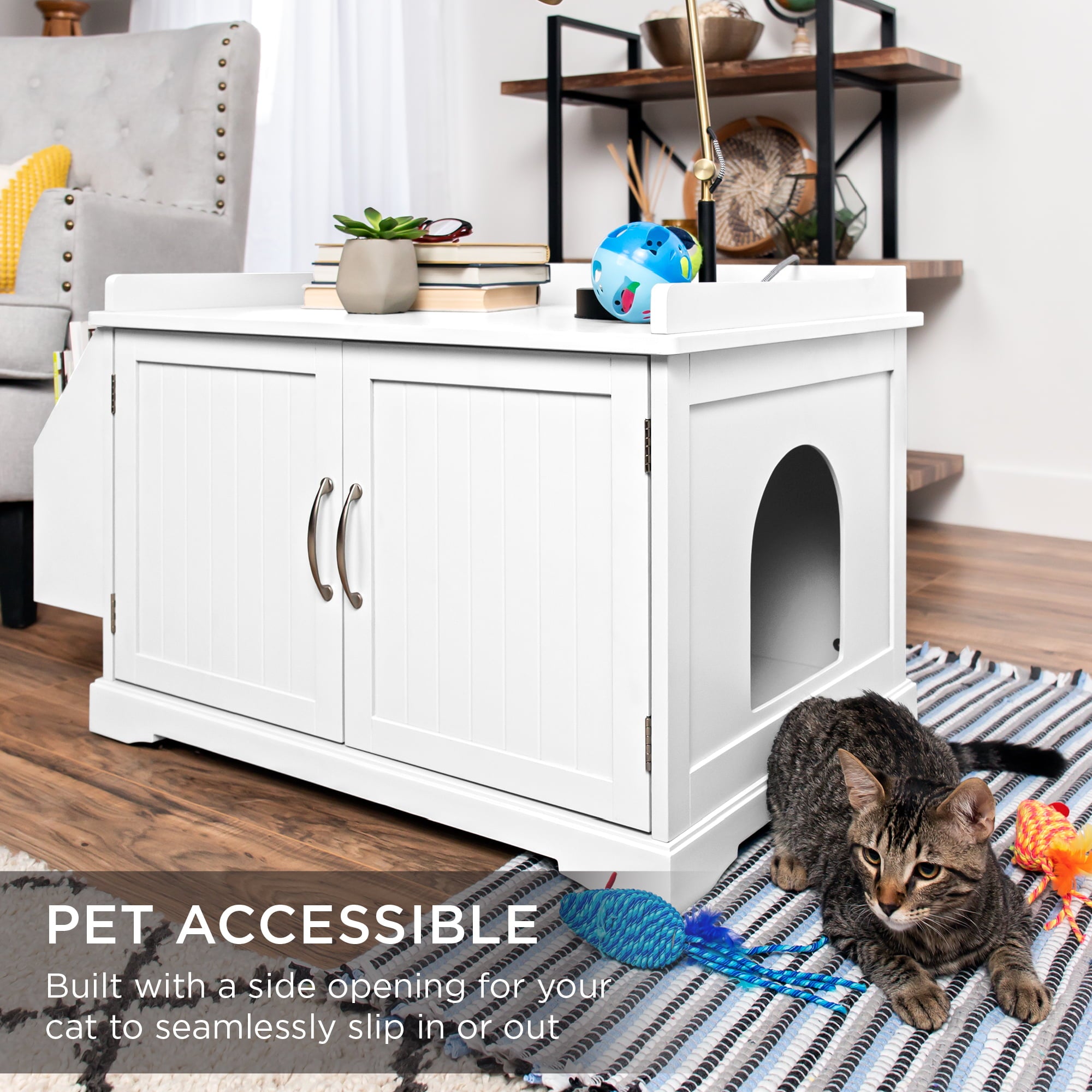 Best Choice Products Large Wooden Cat Litter Box Enclosure， Storage Cabinet Bench Table w/ Magazine Rack - White