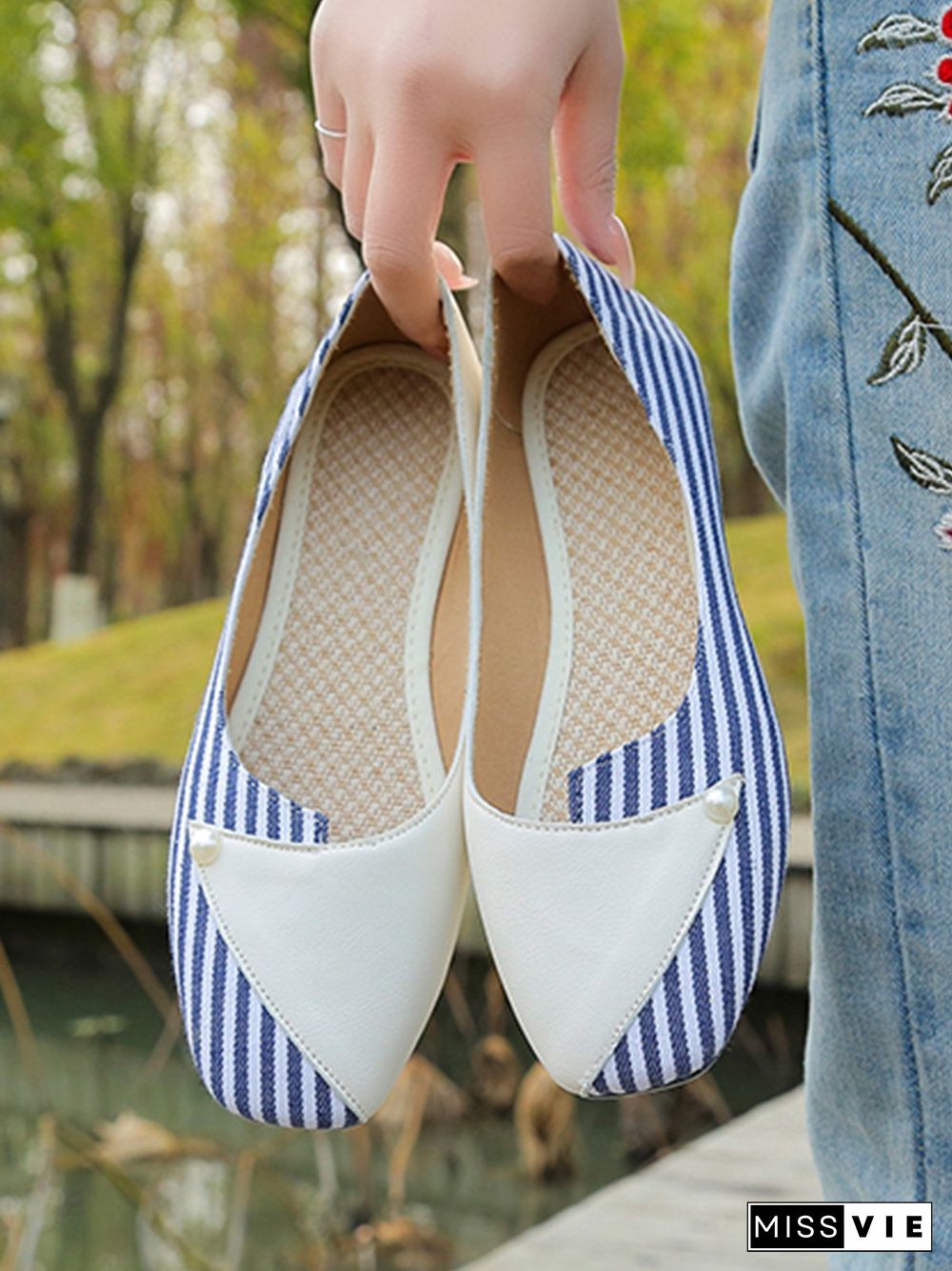 Women Striped All Season Urban Split Joint PU Pu Slip On Standard Shallow Shoes Flats