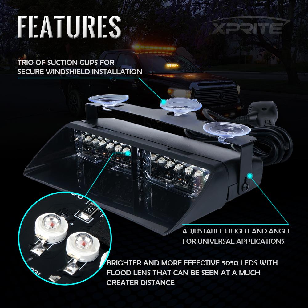 Xprite Undercover Series LED Strobe Lights For Dash / Windshield With Suction Cups - White Blue