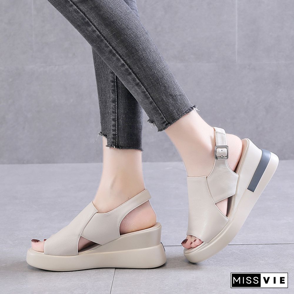 Summer Wedge Shoes For Women Sandals Solid Color Open Toe High Heels Casual Ladies Buckle Strap Fashion Female Sandalias Mujer