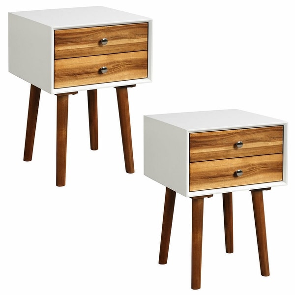 Gymax 2PCS Wooden Nightstand Mid-Century End Side Table W/2 Storage