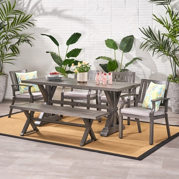 Lombok Outdoor Modern 6 Seater Aluminum Dining Set with Dining Bench by Christopher Knight Home