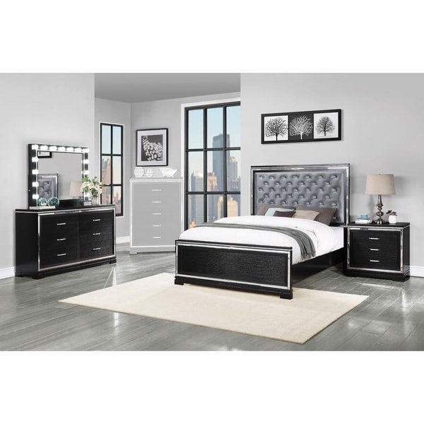 Eastern King Bedroom Set with Mirror Trim Accents in Silver and Black - - 36135700