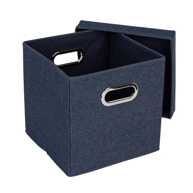 Household Essentials Set Of 2 Collapsible Cotton Blend Cube Storage Box With Lid And Metal Grommet Handle Denim