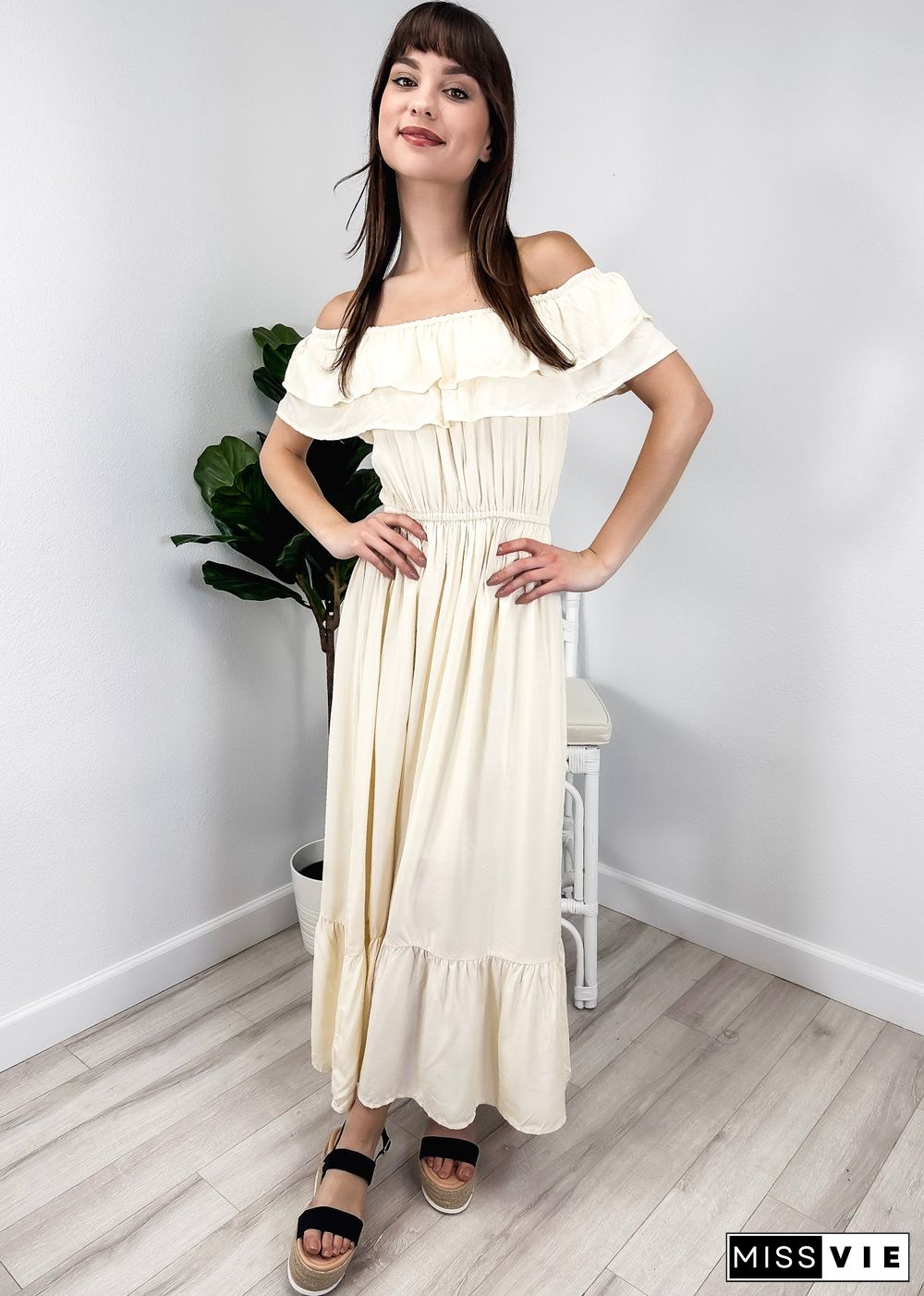 Grecian Ruffle Stretch Maxi Long Dress