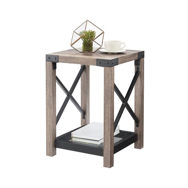 Farmhouse Wood Side Table， Nightstand with Mesh Shelf